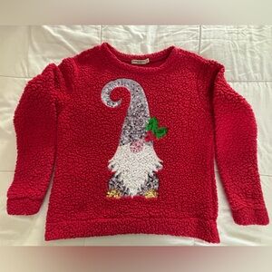 Cozy Red Sweater with Sequin Gnome Design